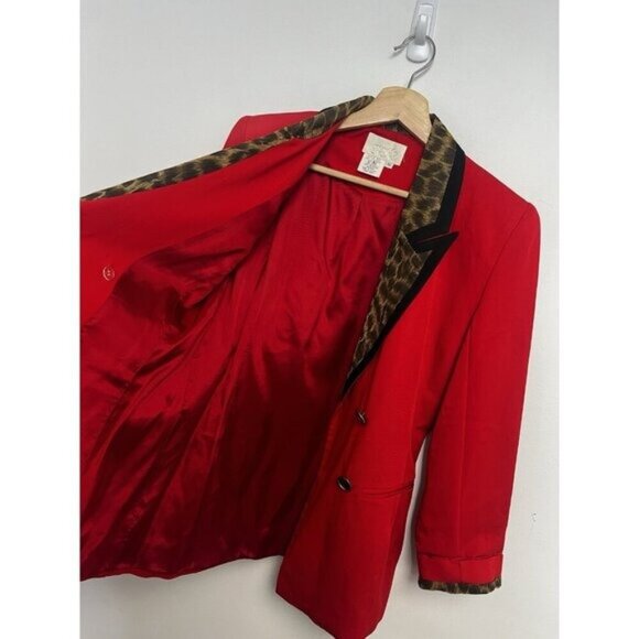 Cache Vintage Double breasted Red Leopard Trim Blazer Jacket Sz Small - Picture 4 of 13